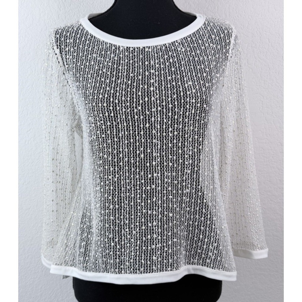 Beige by Eci Metallic Open Knit Mesh Top Sz 6 White Sheer 3/4 Sleeve Y2K